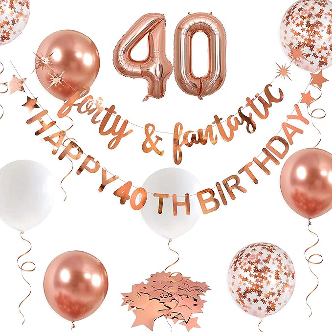 Rose Gold 40th Birthday Decorations for Women Forty & Fantastic Happy 40th Birthday Banner Garland Foil Balloon 40 for Womens 40 and Fabulous Cheers to 40 Years Old Birthday Party Supplies Backdrop