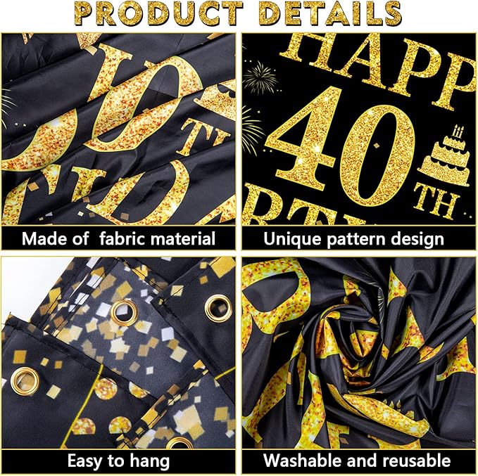 40th Birthday Decorations for Men Women - Happy 40th Birthday Banner Decorations Cheers to 40 Years Birthday Party Suppiles Black Gold Backdrop for 40th Birthday Party Favors Decor (71 x 45 inch)
