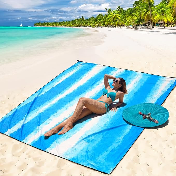 WIWIGO Beach Blanket Waterproof Sandproof Beach Mat 79" X 83"/10'x9'for 2-8 Adults Quick Drying Outdoor Picnic Mat Beach Accessories for Travel, Camping, Hiking