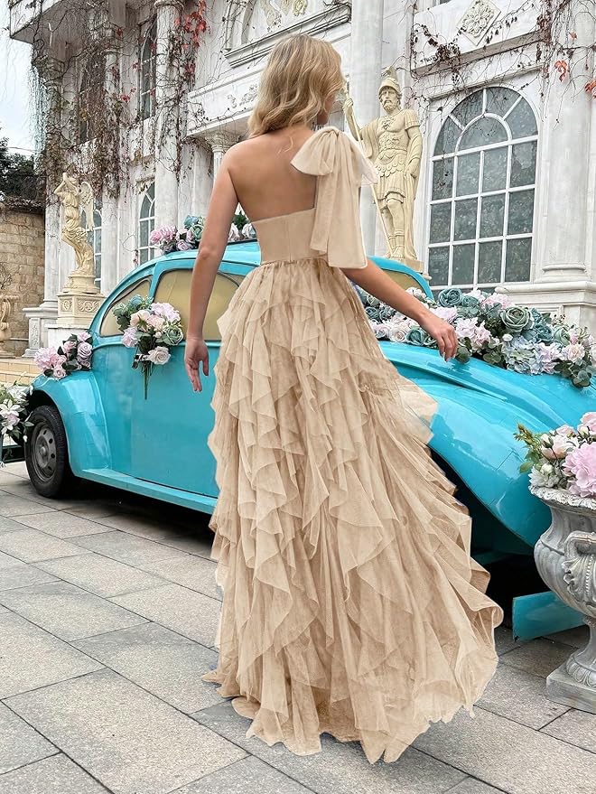 Summer Women Tulle Prom Dress Elegant Bow One Shoulder Slit Evening Party Gown Wedding Guest Bridesmaid Maxi Dress