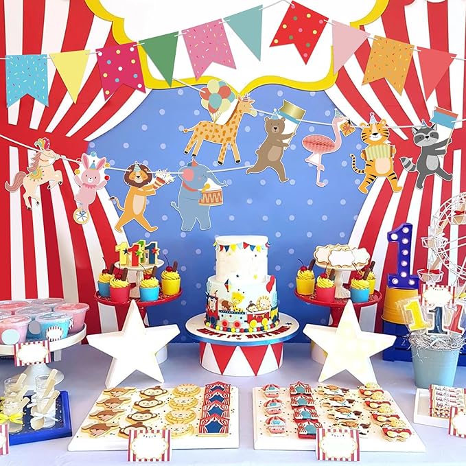 Hooqict Animal Party Banner with Colorful Pennant Banner Flag Animal Parade Birthday Decorations Happy Birthday Garland for Kids Girls Boys Zoo Carnival Circus Party Decorations Supplies
