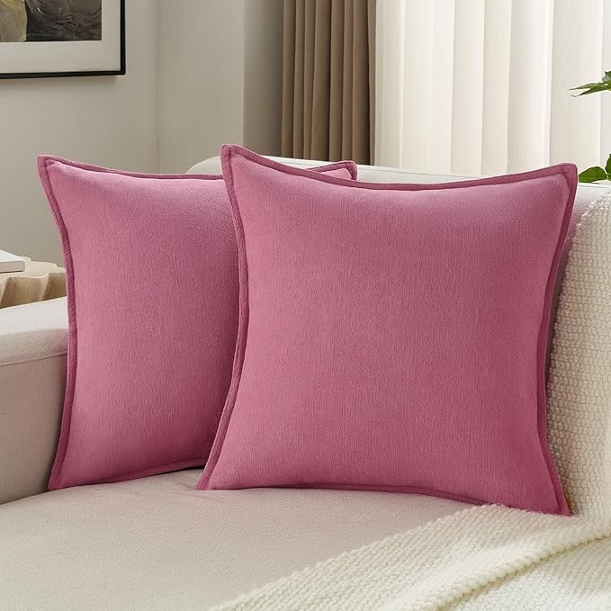 FUTEI Hot Pink Chenille Throw Pillow Covers 24x24 Inch Set of 2,Edges Double-Stitched European Cushion Cases,Modern Home Decor for Couch Living Room