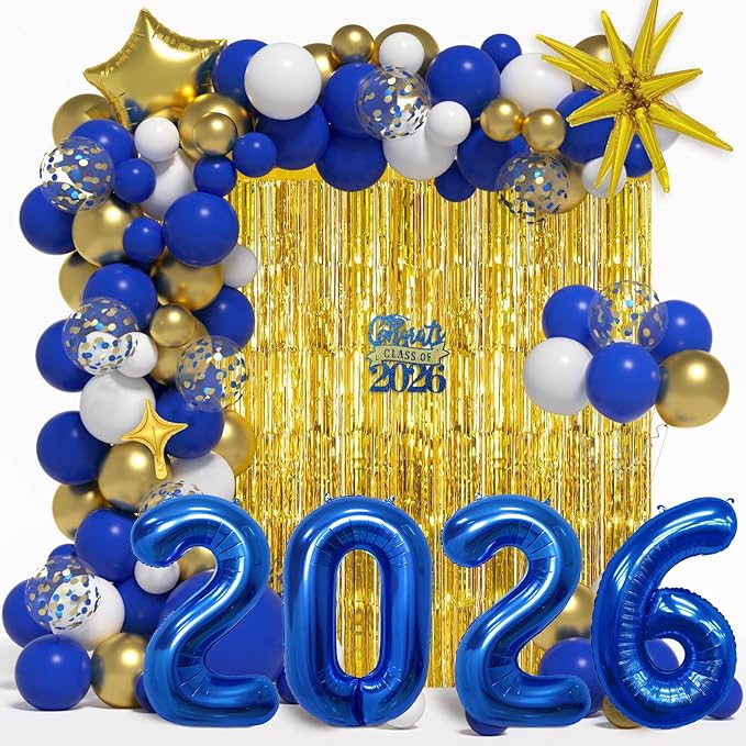 Graduation Balloon Garland Arch Kit for Graduation Decorations Class of 2026 - Blue Gold and White Balloons Different Sizes 5 12 18 Inch Graduations Balloons Arch for Grad Party Supplies
