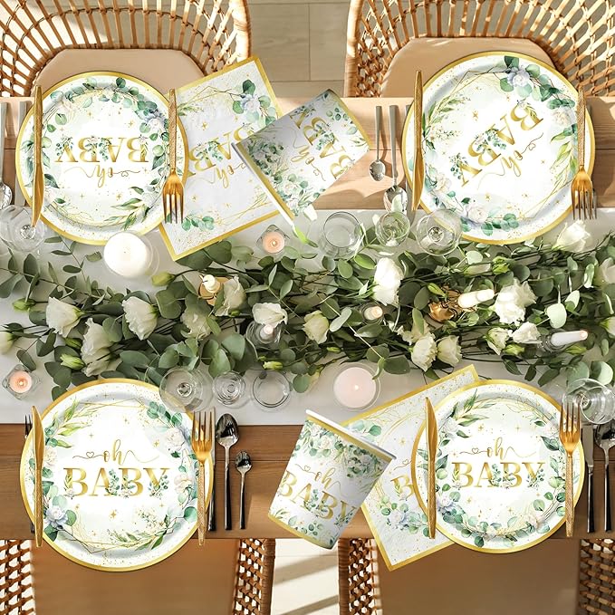 Sage Greenery Baby Shower Plates and Napkins Tableware Set Gender Neutral Baby Shower Decorations Oh Baby Plates and Cups and Napkins Sets Serves 24 for Baby Girl Boy Shower Decorations