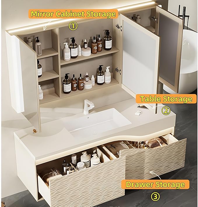 36in Elegant Modern Luxury Bathroom Vanity with Sink - Wall Mounted Solid Wood Cabinet & Smart LED Defogging Mirror | Single Sink Bathroom Cabinets