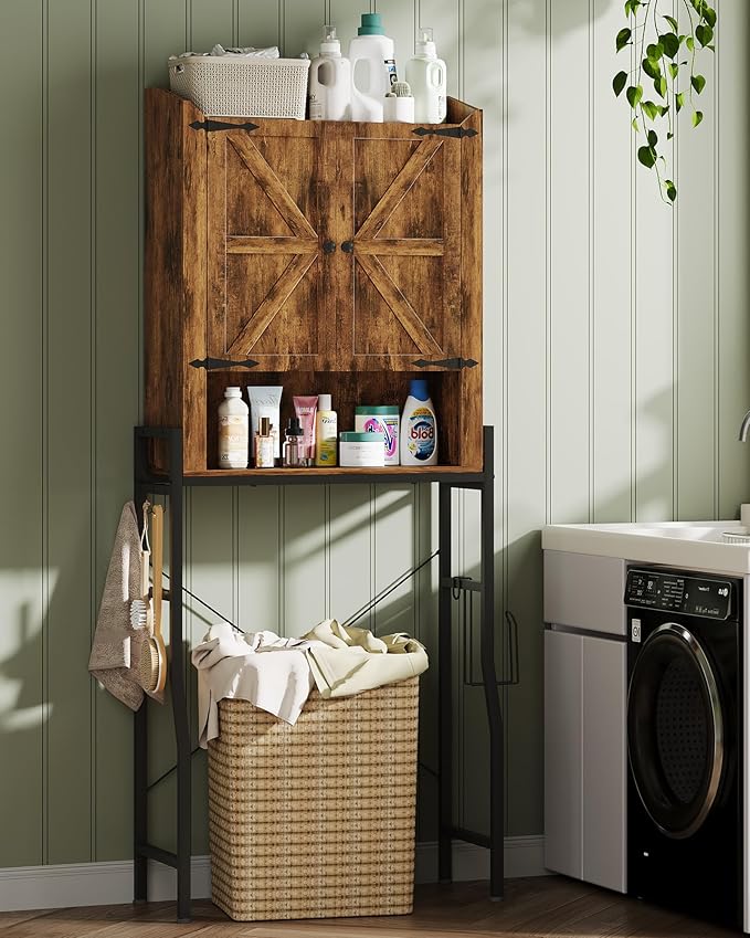 Over The Toilet Storage Cabinet, Over Toilet Organizer with 2-Door & Metal Stand, Bathroom Organizers and Storage with Adjustable Shelves for Bathroom, Restroom, Laundry, Rustic Brown