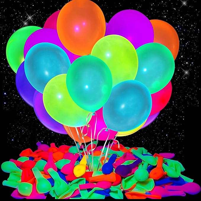 150 Pcs UV Neon Balloons, 7 Colors Blacklight Reactive Fluorescent Balloons Glow in the Dark Birthday Decorations for Birthday, Wedding, Neon Party, Glow Party Decorations Supplies