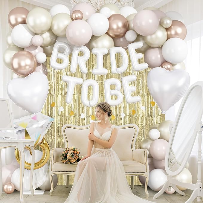 White Gold Bachelorette Party Decorations, Bride To Be Mylar Foil Letter Balloons with White Champagne Balloons and Light Gold Fringe Curtains for Bridal Shower Decoration Engagement Hen Party Decor