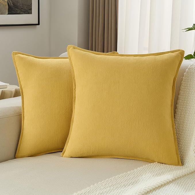 FUTEI Mustard Yellow Chenille Throw Pillow Covers 24x24 Inch Set of 2,Edges Double-Stitched European Cushion Cases,Modern Home Decor for Couch Living Room