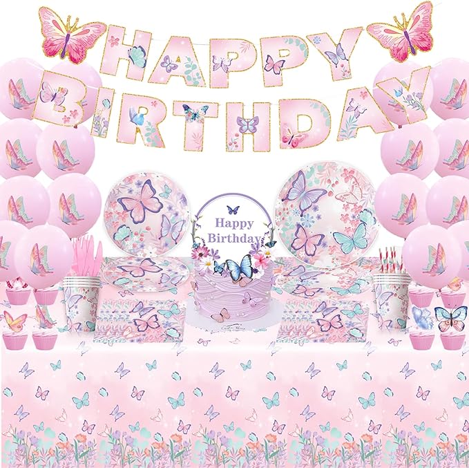 Pink Butterfly Birthday Party Supplies Tableware Sets,Includes Disposable Plates, Napkins, Cups,Straws,Cutlery, Balloons, Banner, and Tablecloth for Party Baby Shower Birthday Decorations,Serves 20
