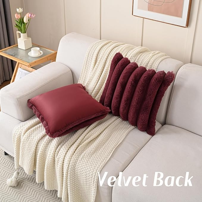 FUTEI Christmas Burgundy Decorative Throw Pillow Covers 24x24 Inch Set of 2, Square Soft Faux Rabbit Fur Thick Striped European Cushion Covers,Winter Home Decor for Couch Bed Living Room
