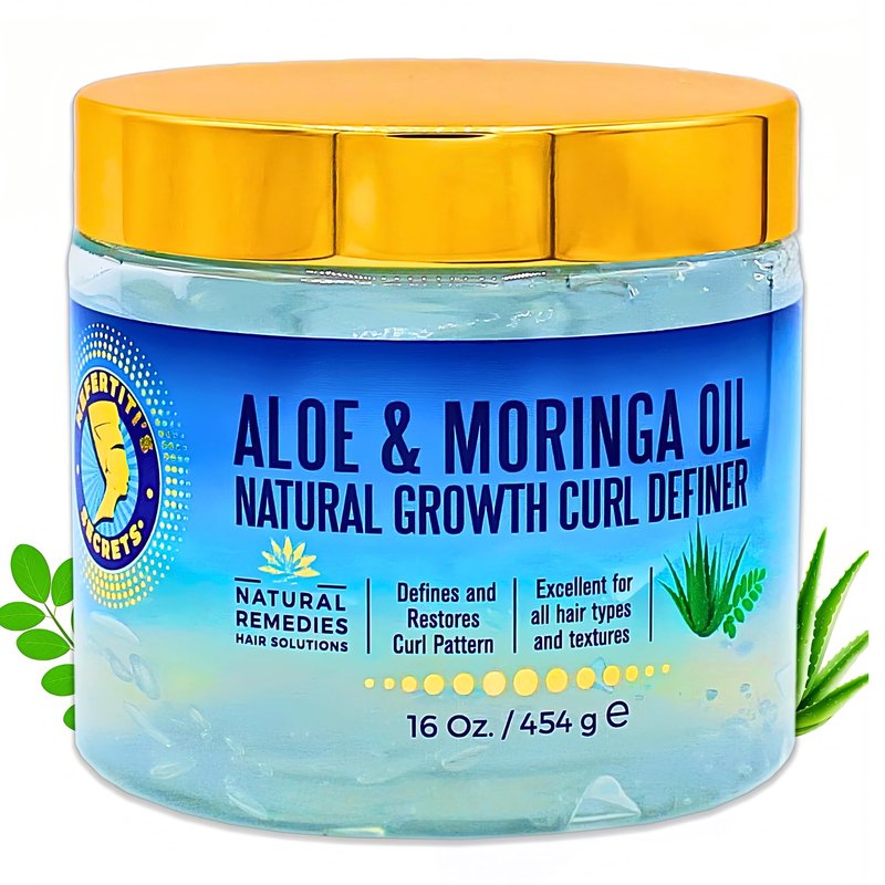 Nefertiti's Secrets Natural Growth Curl Definer Gel | Aloe Vera and Moringa Oil for Hair Strength & Moisture | Strong Hold | Frizz Controller | Hair Curling Gel for Women & Men | 16 Oz / 454 mL