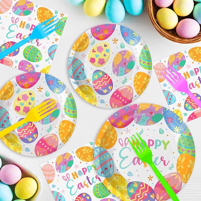96 Pcs Happy Easter Plates and Napkins Forks Sets - Colorful Eggs Themed Round Tableware, Disposable Spring Flowers Paper Plates Napkins Set for Easter Party Supplies Favors Table Decor, Serves 24