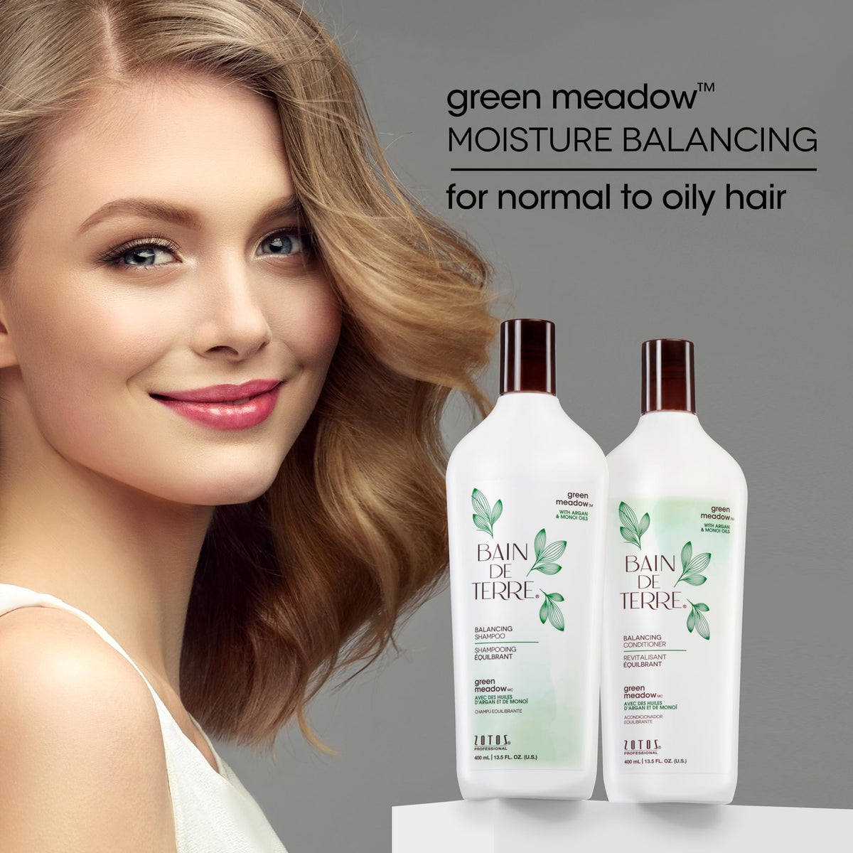 Bain de Terre Green Meadow Balancing Shampoo, Gentle Cleansing for Soft, Silky Hair with Argan & Monoi Oils, Paraben-free, Color-Safe, 13.5 Fl Oz