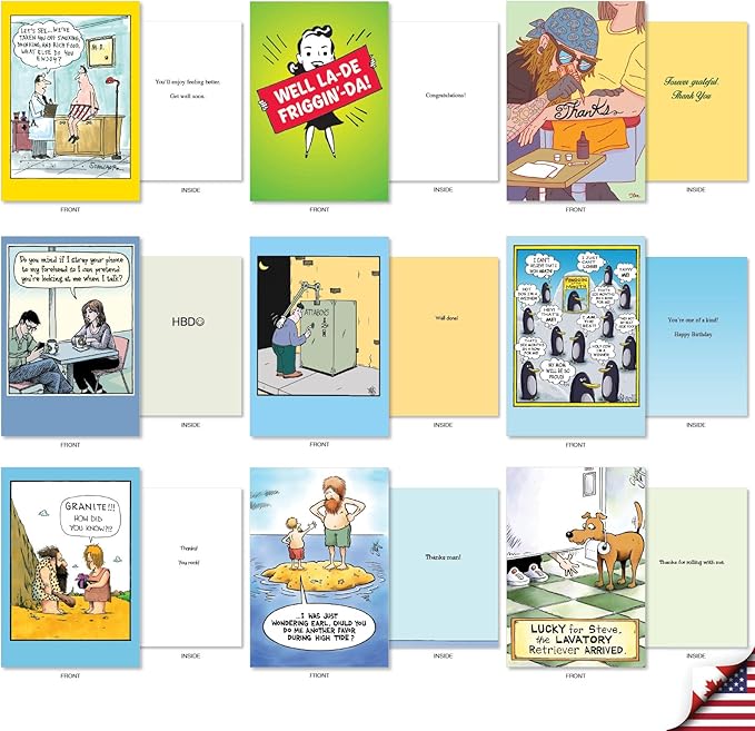 NobleWorks 36 Assorted Box Set Hysterical Everyday Mixed Occasions Greeting Cards w/ 5 x 7 Inch Envelopes for Men and Women (36 Designs, 1 Each) Fun Toons AC10047EXG-B1x36