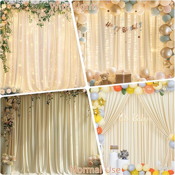 20 x 10ft Champagne Backdrop Curtains with Lights String for Wedding Polyester Photo Backdrop Drapes Wrinkle Free Soft Long Curtains for Birthday Parties Reception Baby Shower Ceremony-5 x 10ft 4Panel