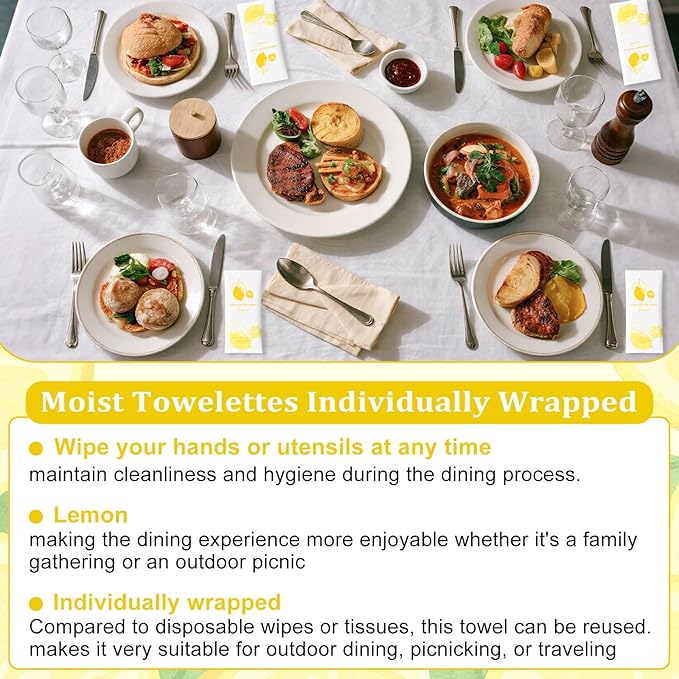 Moist Cotton Towel Bulk Moist Towelettes Individually Wrapped,White Towel Services,Refreshment Pre Moistened Towels for Dentist Travel Sport Party Hotel 50,Lemon