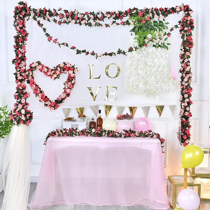 MARTINE MALL Flower Garland Rose Vines, 2 Strands 16.5Ft Flowers Vines for Bedroom with 16.5 Ft/50 LED String Lights, Hanging Flower Vines Floral Garland Decorations for Room Table Wedding Decor