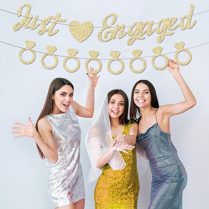 Just Engaged Banner, No DIY, Glitter Champagne Gold Engagement Party Decorations and Diamond Ring Banner Sign for Bridal Shower Wedding Shower Bachelorette Party Decorations.