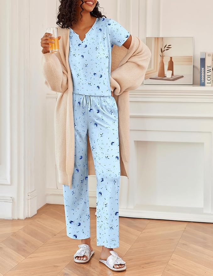 Ekouaer 2 Piece Womens Pajamas V Neck Short Sleeve Top and Long Pants Pjs Print Lounge Set Sleepwear