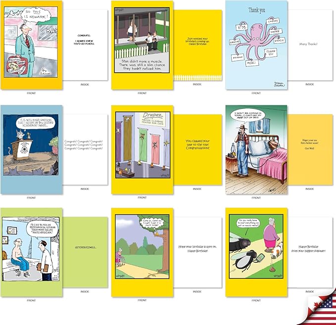 NobleWorks 36 Assorted Box Set Hysterical Everyday Mixed Occasions Greeting Cards w/ 5 x 7 Inch Envelopes for Men and Women (36 Designs, 1 Each) Fun Toons AC10047EXG-B1x36