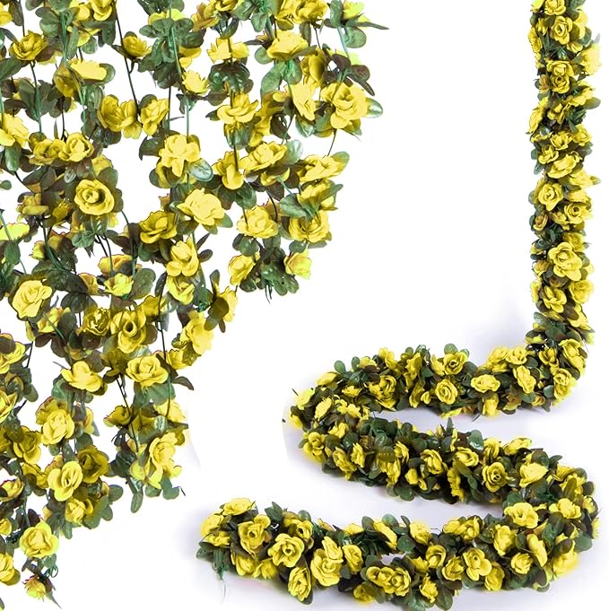 8 Pcs x 8.2 ft Flower Garland Artificial Rose Vine Flowers with Green Leaves Hanging Fake Roses Vine for Room Party Home Wedding Birthday Christmas Wall Arch Decor, Spring Yellow Flower