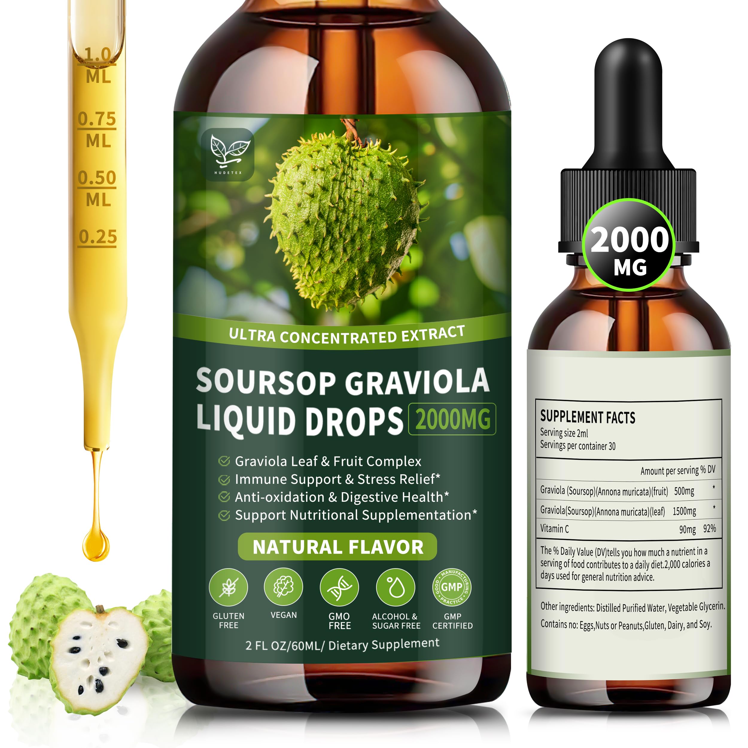 Soursop Graviola Liquid Drops 2000mg, Organic Soursop Extract - 98% Absorption Soursop Bitters Liquid for Cell Support & Regeneration and Immune Boost, Sugar/Gluten Free, Natural Flavor, 2 Fl Oz