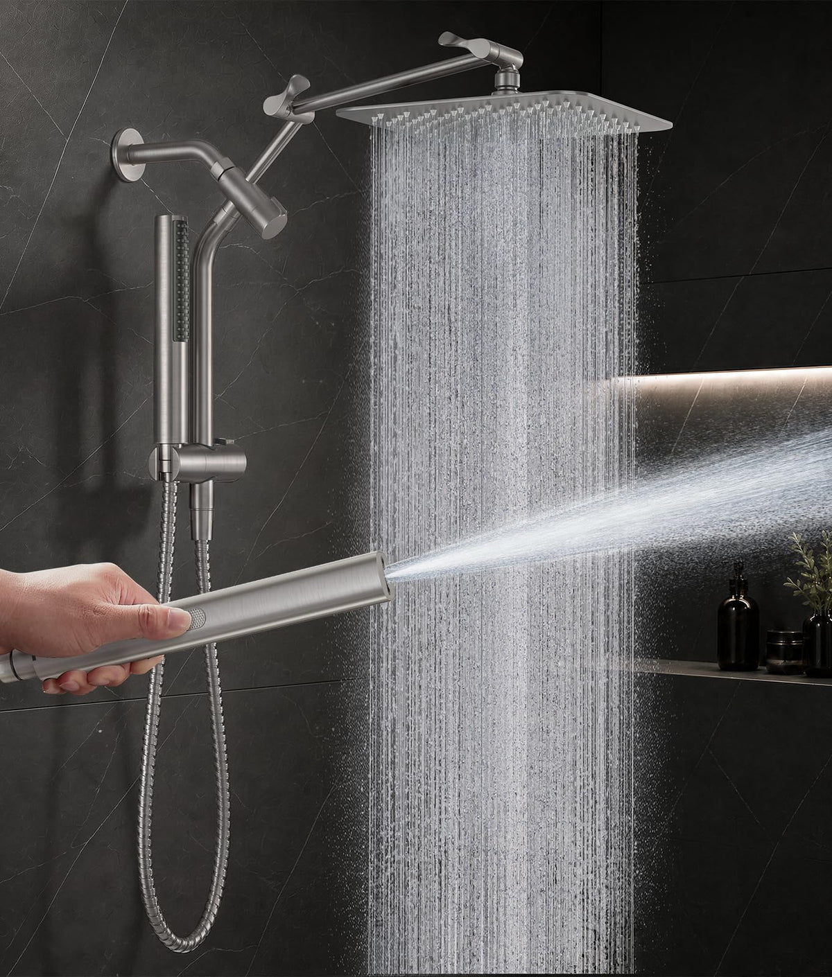 Veken All Metal 10" Brushed Nickel Shower Head with Handheld, Luxurious Square Double Rain Shower Heads with Power-wash Hand Held, Dual High Pressure Detachable Rainfall Showerhead,Bathroom Upgrade