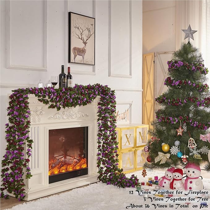6 Pcs x 8.2 ft Flower Garland Artificial Rose Vine Flowers with Green Leaves Hanging Fake Roses Vine for Room Party Home Wedding Birthday Christmas Wall Arch Decor, Spring Purple Flower