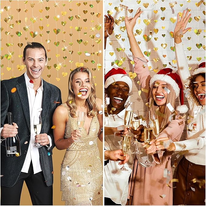 10 Pack 130ft Champagne-Gold Holographic Heart Party Garland Asymmetrical Love Hanging Banners for Birthday Wedding Engagement Bachelorette Neutral Baby Bridal Shower Decorations