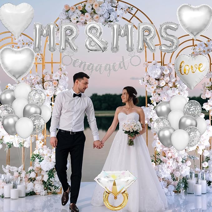 Silver Engagement Party Decorations, MR and MRS Balloons Decor, Metallic Silver Confetti Balloons, Love Heart and Diamond Ring Foil Balloon with Engaged Banner for Wedding Engagement Party Decoration