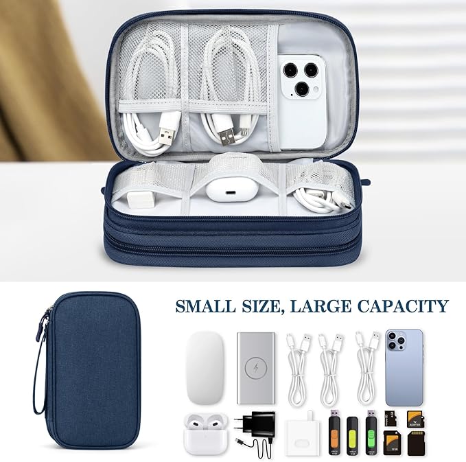 FYY Electronic Organizer, Travel Cable Organizer Bag Pouch Electronic Accessories Carry Case Portable Waterproof Double Layers Storage Bag for Cable, Cord, Charger, Phone, Earphone, Medium Size, Navy