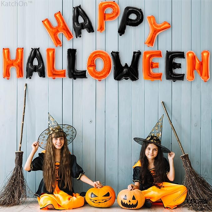 KatchOn, Happy Halloween Banner Balloons – 16 Inch, Pack of 14 | Orange and Black Foil Letters | Spooky Balloon Banner, Halloween Decor, Haunted House Decorations | Spooky One Birthday Decorations