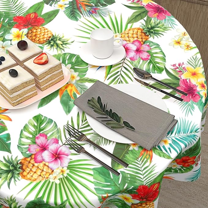 Summer Tropical Pineapple Round Tablecloth 70 Inch Green Hawaiian Palm Leaf Circle Table Cloth Floral Table Cover Washable Polyester Decorations for Kitchen Dinning Room Party