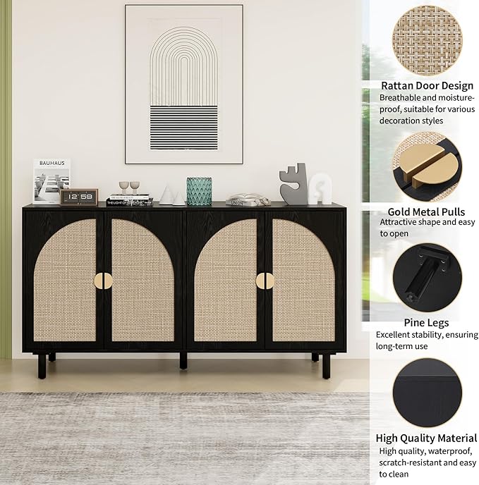 Black Sideboard Cabinet with 4 Rattan Doors, Rattan Buffet Cabinet with Adjustable Shelves & Pine Legs, Boho Sideboard Buffet for Living Room, Kitchen, Entryway, Black