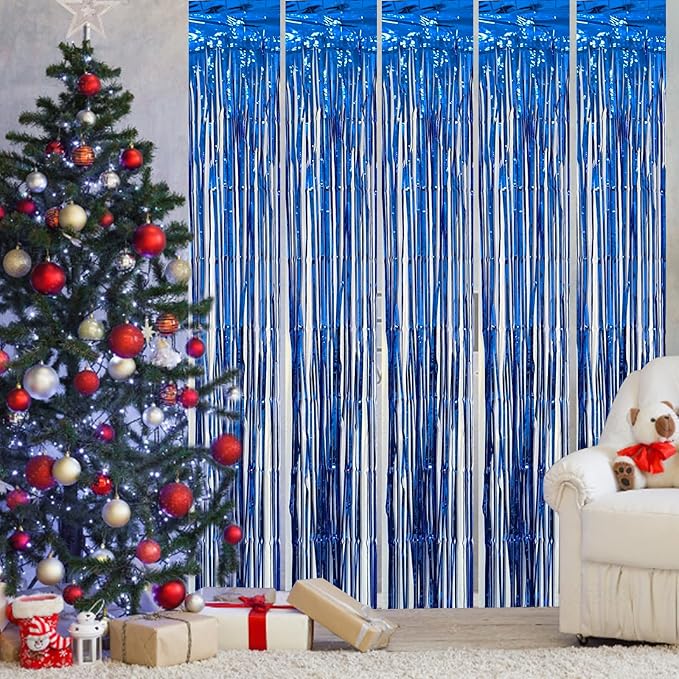 5 Pack Blue Foil Curtain Backdrop Metallic Tinsel Foil Fringe Curtains Photo Booth Props for Birthday Wedding Engagement Bachelorette Christmas Holiday Celebration Party Decorations Supplies