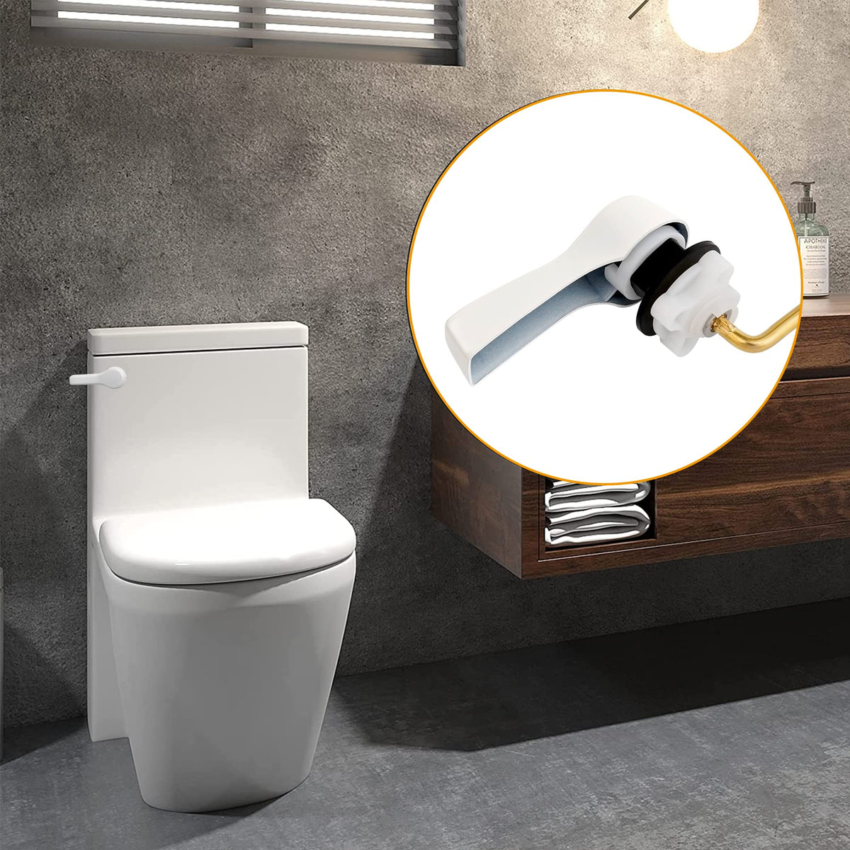 Hibbent Universal Metal Front Mount Toilet Handle Replacement Kit, Brass Toilet Flush Tank Lever with Stainless Steel Flapper Chains for Most Toilets, White Finish