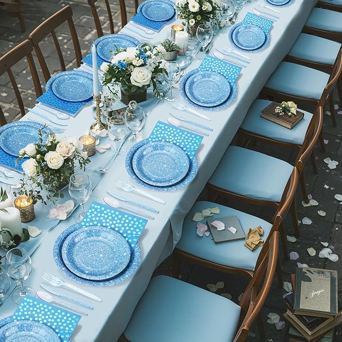Hushee 175 Pcs Light Blue Holographic Print Party Supplies Guests Disposable Dinnerware Set Include Paper Plates, Napkins, Cups, Plastic Cutlery for Wedding Birthday Disco Bachelorette