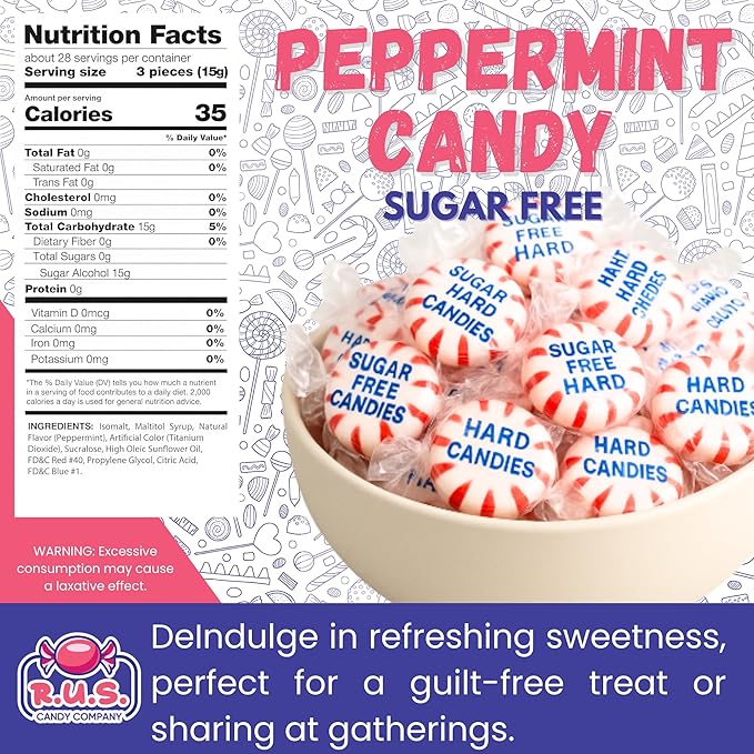 Sugar Free Peppermint Hard Candy Starlight – About 75 Individually Wrapped Breath Mints – Bulk 1 Pound Bag – Refreshing Mint Flavor – Keto Friendly, Diabetic Candy, Gluten Free