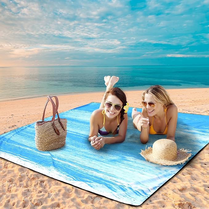 WIWIGO Beach Blanket Waterproof Sandproof Beach Mat 79" X 83"/10'x9'for 2-8 Adults Quick Drying Outdoor Picnic Mat Beach Accessories for Travel, Camping, Hiking