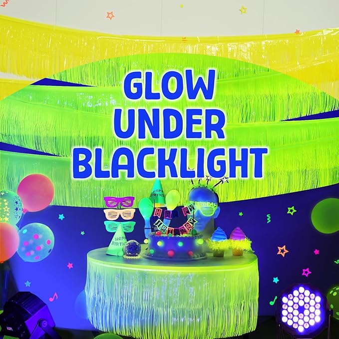 Mega-L Glow in The Dark Party Supplies, 4 Pack Foil Fringe Garland Birthday Party Decorations 9.8 ft Fluorescent Macaron Yellow Metallic Tinsel Streamers Banner, Glitter Photo Booth Prop Table Skirt