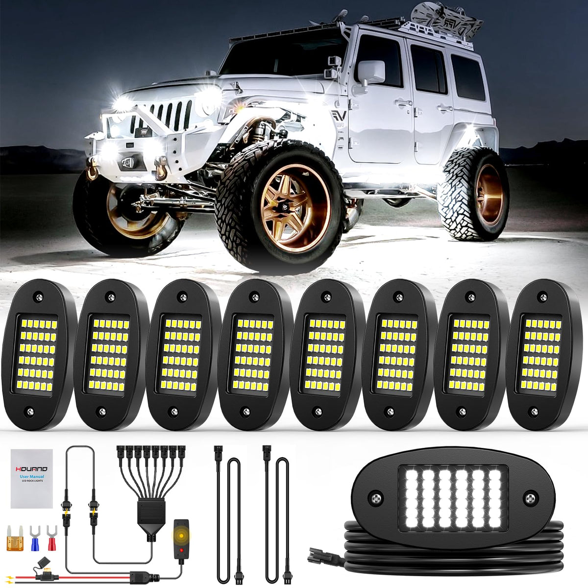 Hovano 8 Pods White Rock Light Kit with Wired Switch - 6500K Pure White LED Underglow, IP68 Waterproof, Super Bright 36 LEDs for