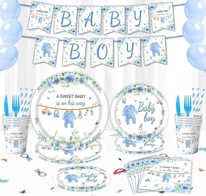Blue Baby Boy Shower Party Supplies Tableware Sets,Includes Disposable Plates, Napkins, Cups,Straws,Cutlery, Balloons, Banner, and Tablecloth for Party Baby Shower Birthday Decorations,Serves 20