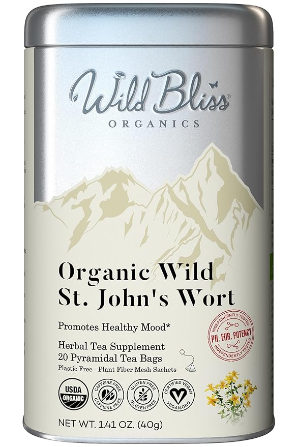 Wild Bliss Organic St Johns Wort Herbal Tea - Caffeine Free Mood Balance Support Tea - Pharmacopoeia Potency - 20 Plant Based Tea Bags