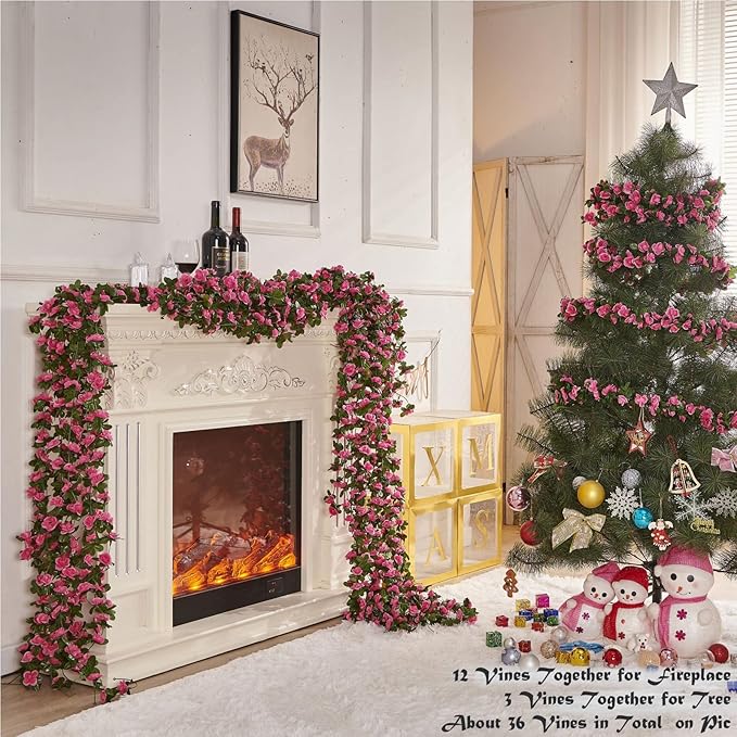 6 Pcs x 8.2 ft Flower Garland Artificial Rose Vine Flowers with Green Leaves Hanging Fake Roses Vine for Room Party Home Wedding Birthday Christmas Wall Arch Decor, Spring Magenta Flower