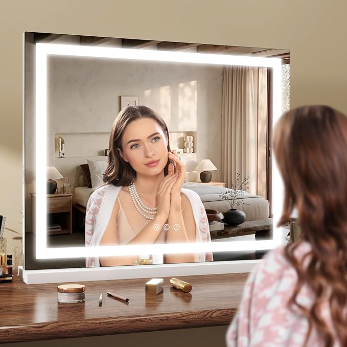 23x18 Inch Lighted Vanity Mirror, 3-Color Dimmable LED & Touch Control - Large Makeup Mirror for Dressing Room (Wall/Tabletop Mount)