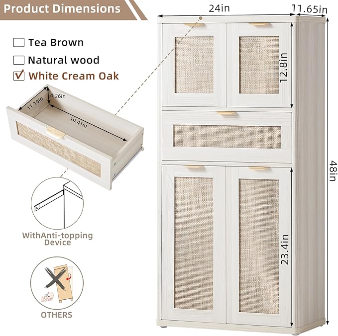LEYAOYAO 48" Tall Storage Cabinet,Rattan Bathroom Floor Cabinets with 2 Doors & 1Drawer,Boho Kitchen Pantry with Adjustable Shelves,Wooden Cupboard for Living Room,Home Office,Dining,White Cream Oak