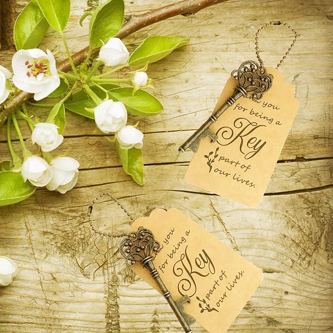 WODEGIFT 100 PCS Key Bottle Openers,Vintage Skeleton Key Bottle Opener with Escort Card Tag and Key Chains, Rustic Decoration for Wedding Favors,Return Gifts for Housewarming(Bronze)