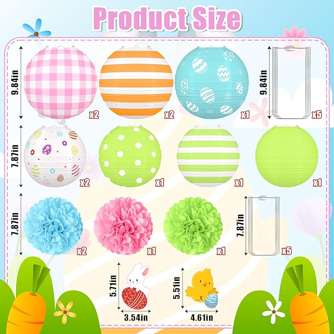 16pcs Easter Party Hanging Decorations – Pastel Paper Lanterns and Pom Poms Set for Classroom, Birthday Supplies, Egg Hunt, Indoor Home Spring Decor