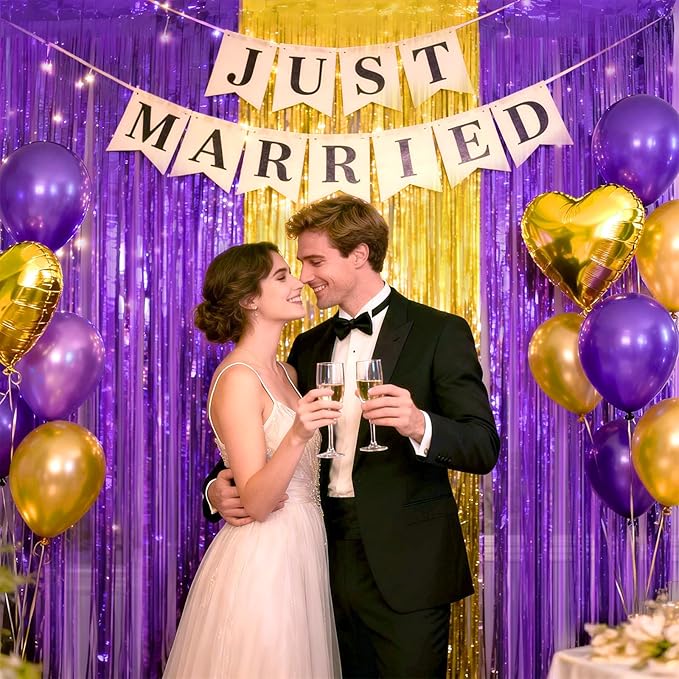 jijAcraft 3 Pack Purple Gold Tinsel Foil Fringe Curtain,Graduation Party Photo Backdrop, Metallic Foil Purple Gold Streamers for Graduation Decor Party Milestone Birthday Theme New Year’s Eve Party